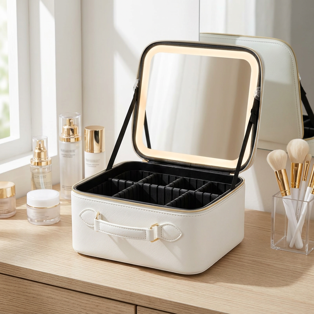 White LED mirror makeup case on a home vanity with skincare and makeup brushes
