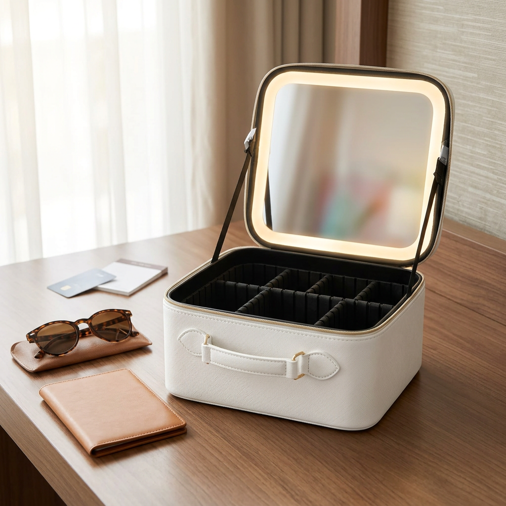 White LED mirror makeup case on a hotel dressing table with sunglasses and a passport holder