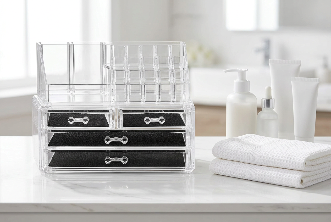 Makeup Organiser with Drawers, A Tier, on a bright bathroom vanity beside folded towels and skincare