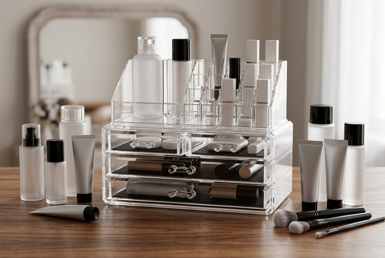 Makeup Organiser with Drawers, B Tier, on an elegant dressing table in soft morning light
