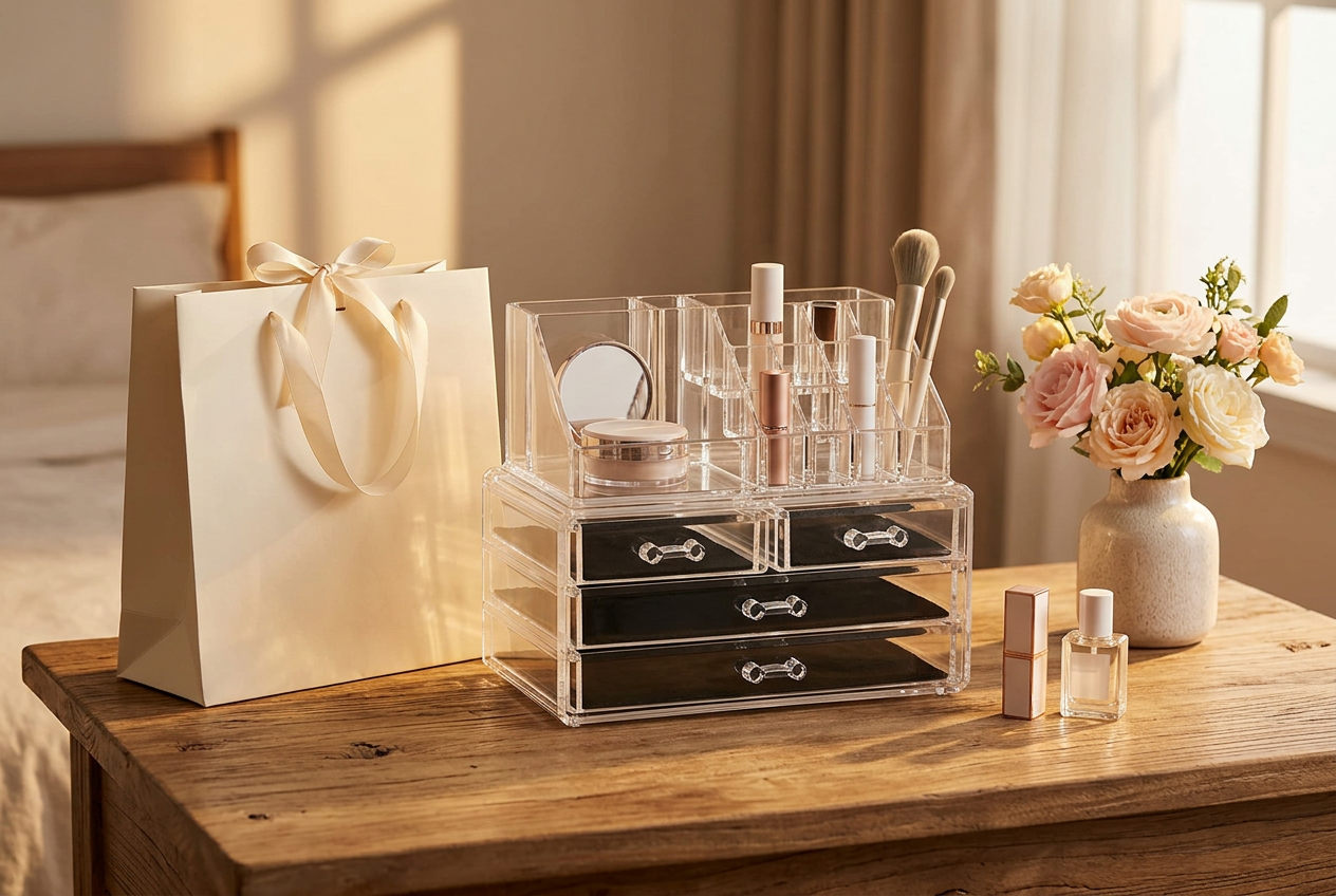 Makeup Organiser with Drawers, D Tier, on a bedroom vanity at golden hour beside a gift bag and flowers