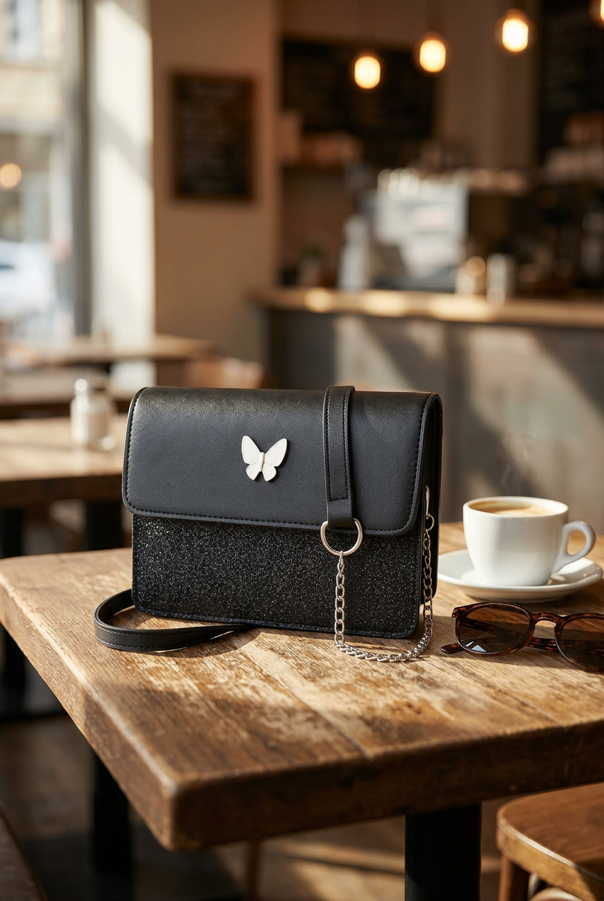 Black leather crossbody bag on a café table beside coffee and sunglasses