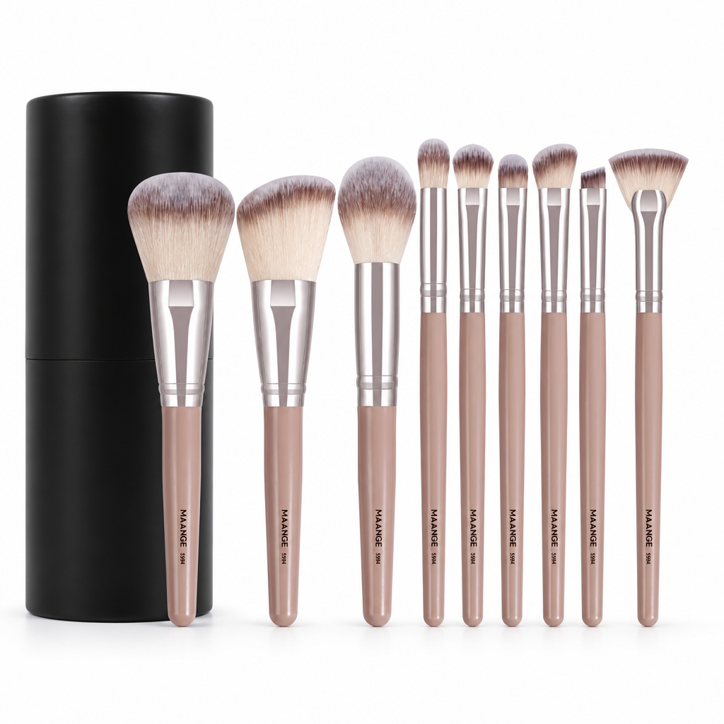 MAANGE 9-Piece Makeup Brush Set — Champagne Silver — white studio