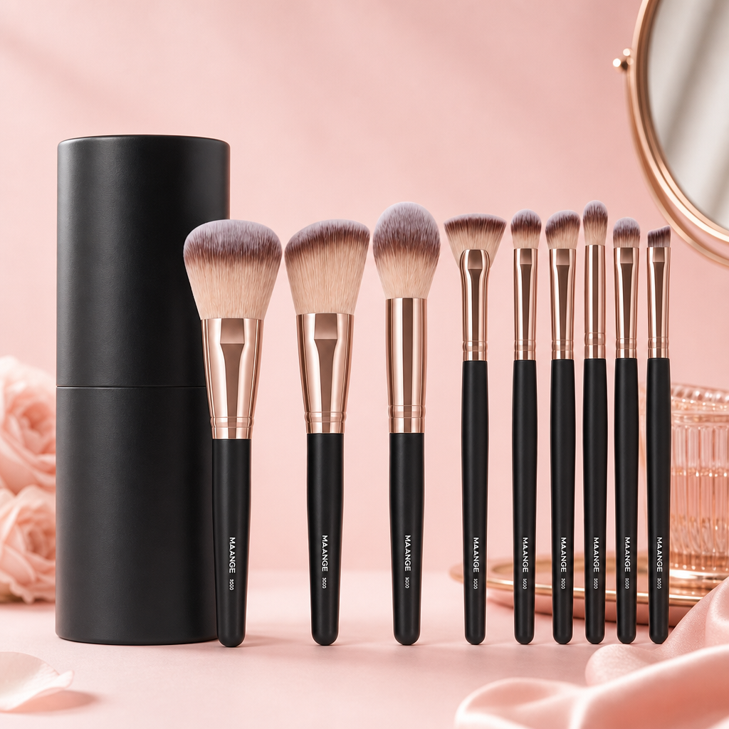 MAANGE 9-Piece Makeup Brush Set — Onyx Rose Gold — blush