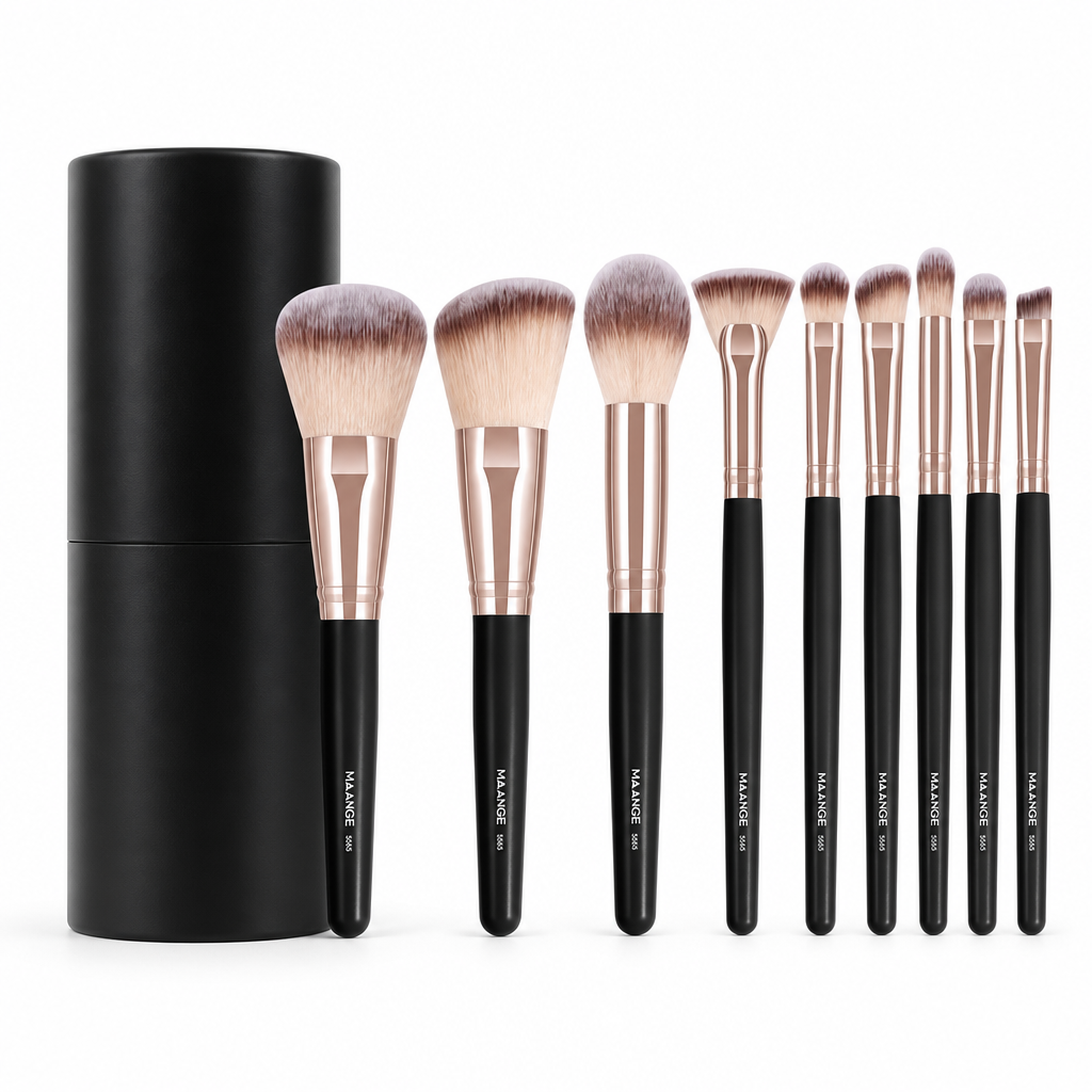 MAANGE 9-Piece Makeup Brush Set — Onyx Rose Gold — white studio