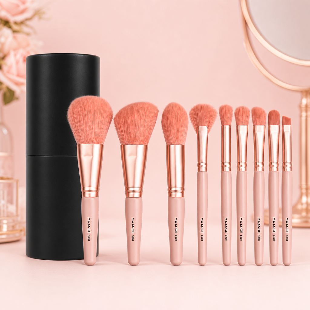 MAANGE 9-Piece Makeup Brush Set — Petal Coral — blush