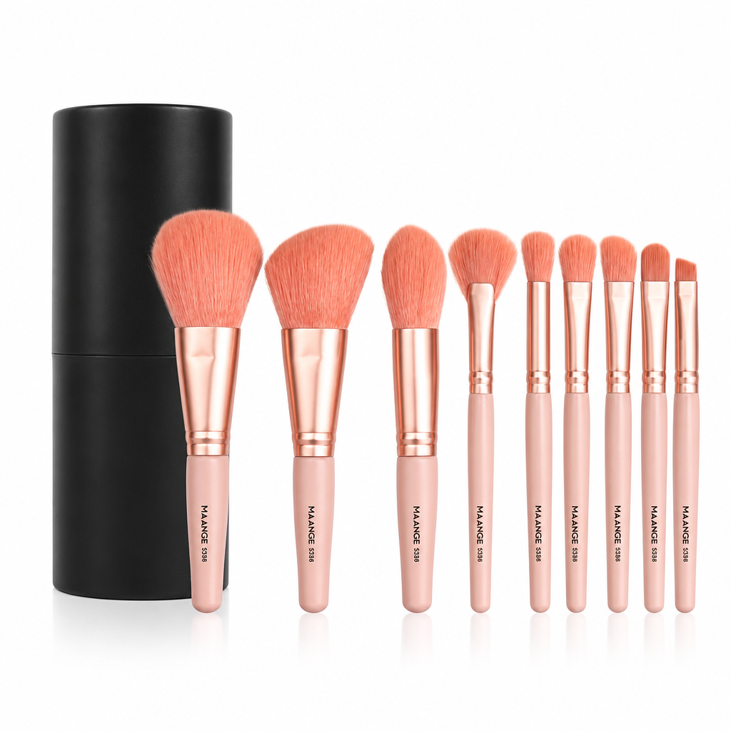 MAANGE 9-Piece Makeup Brush Set — Petal Coral — white studio