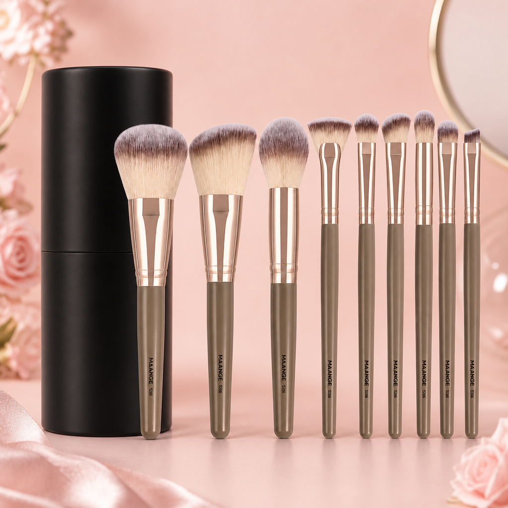 MAANGE 9-Piece Makeup Brush Set — Soft Taupe Gold — blush
