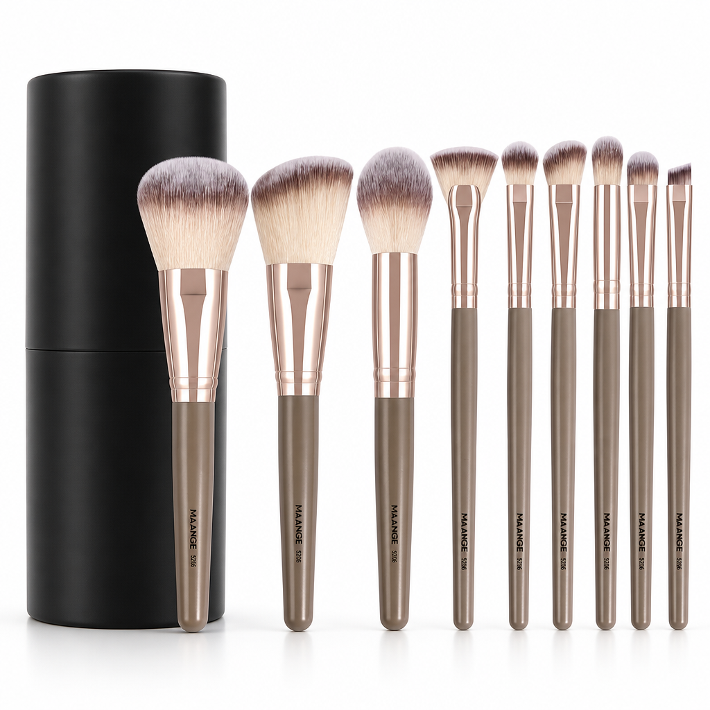 MAANGE 9-Piece Makeup Brush Set — Soft Taupe Gold — white studio