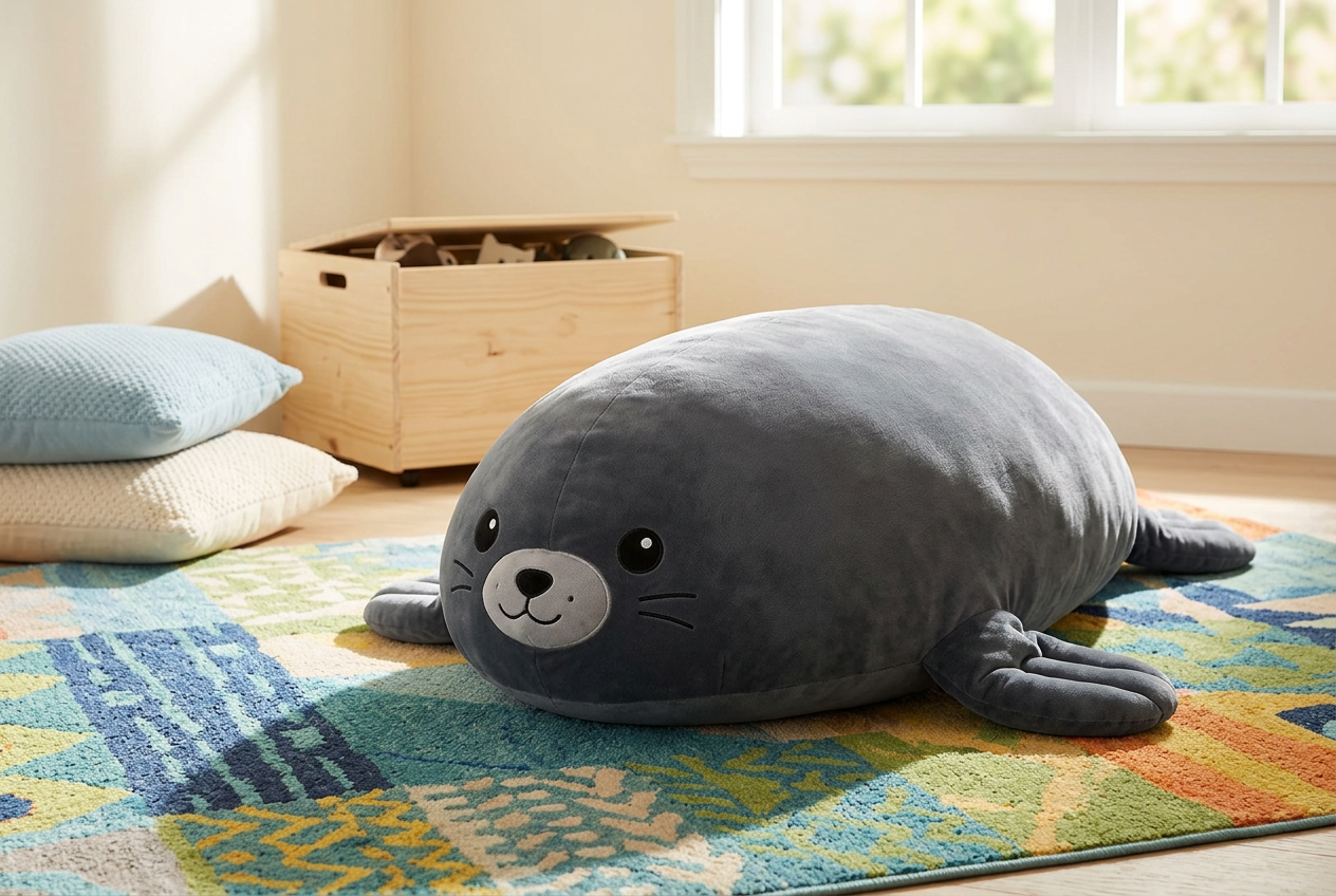 Dark Grey seal plush lying on a playroom rug with cushions
