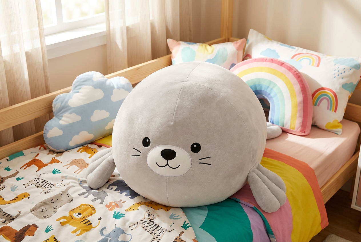 Light Grey seal plush lying on a child's bed among pillows