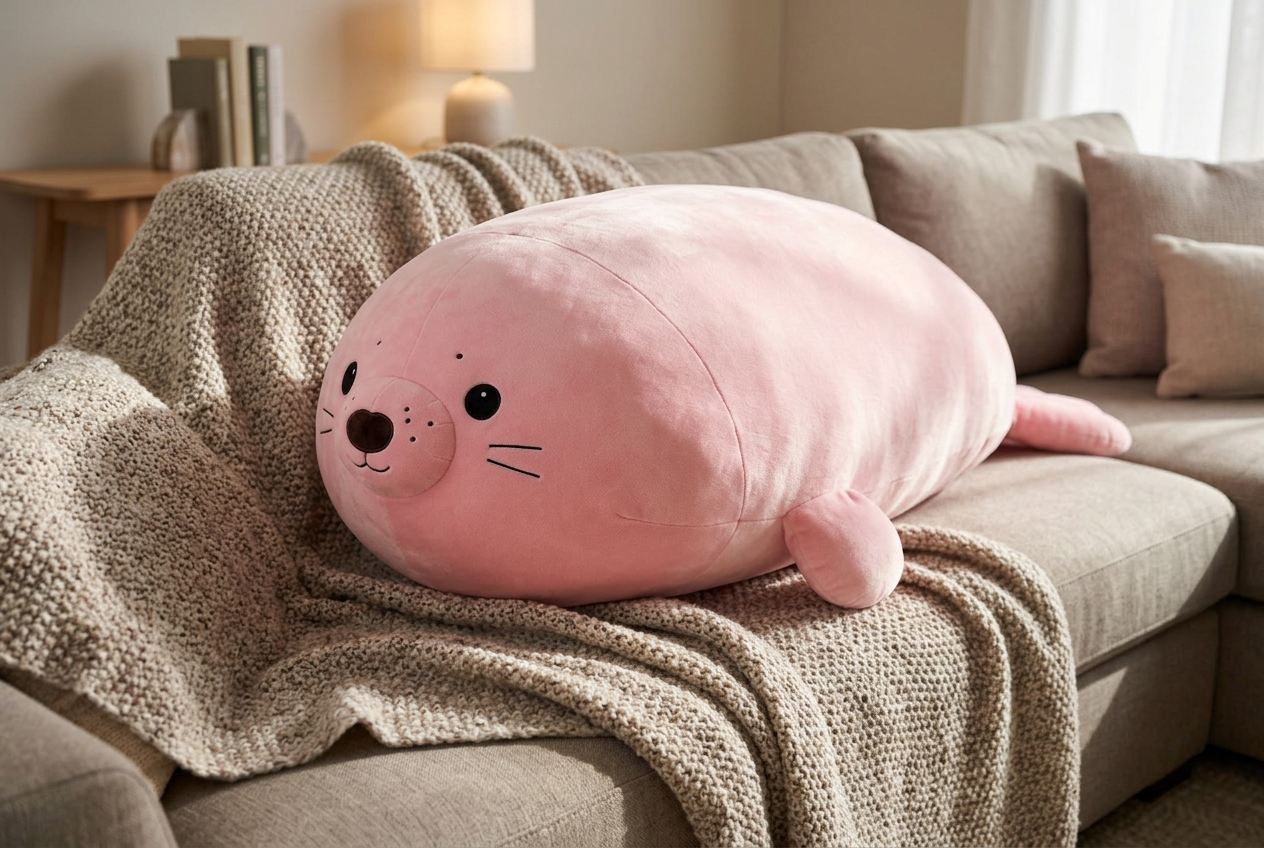 Pink seal plush lying on a family sofa with a soft throw