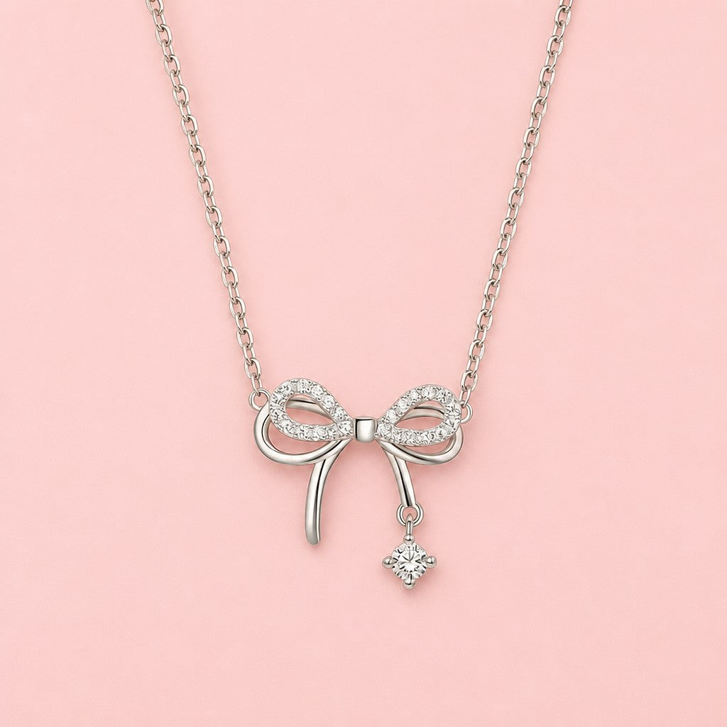 Shiny Silver Bow Necklace — blush