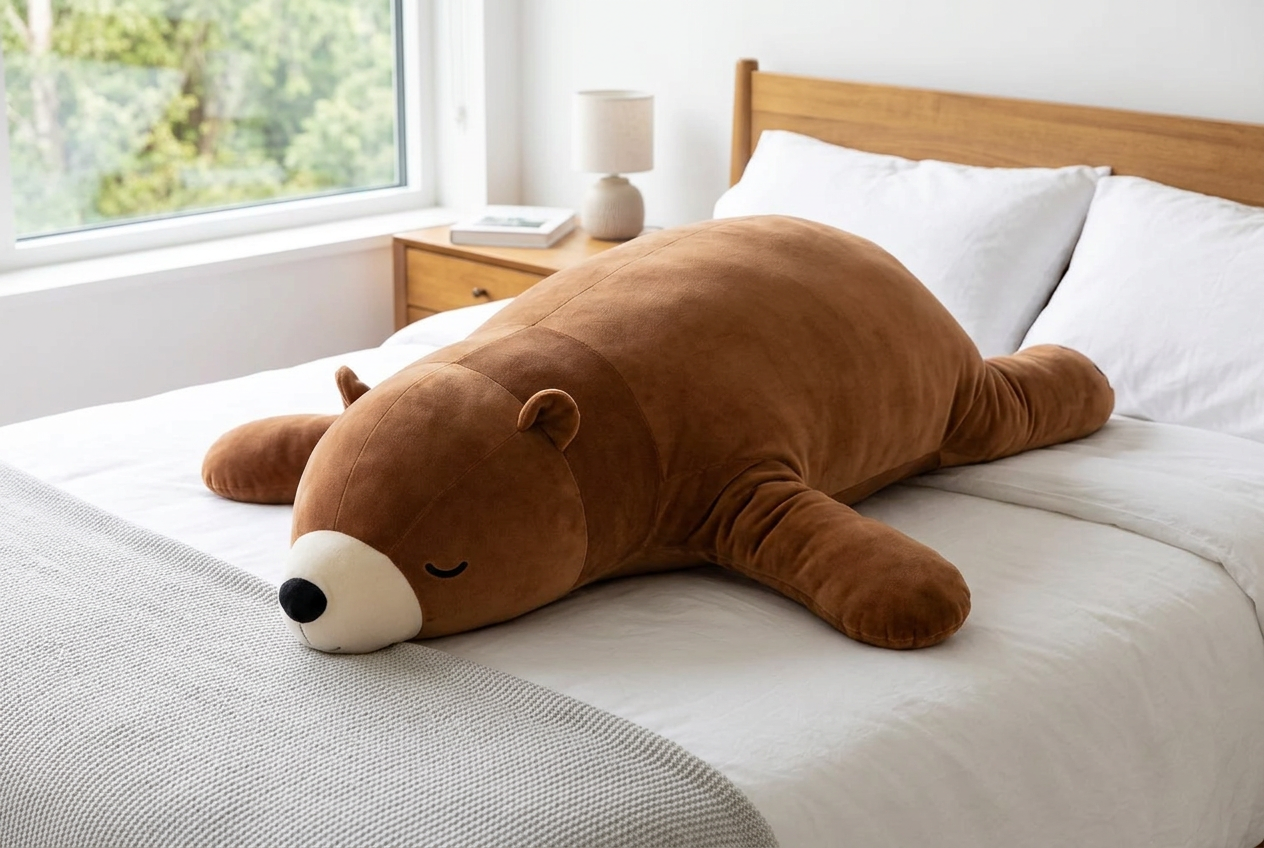 Giant brown sleepy bear plush sprawled face-down across a double bed in a bright bedroom