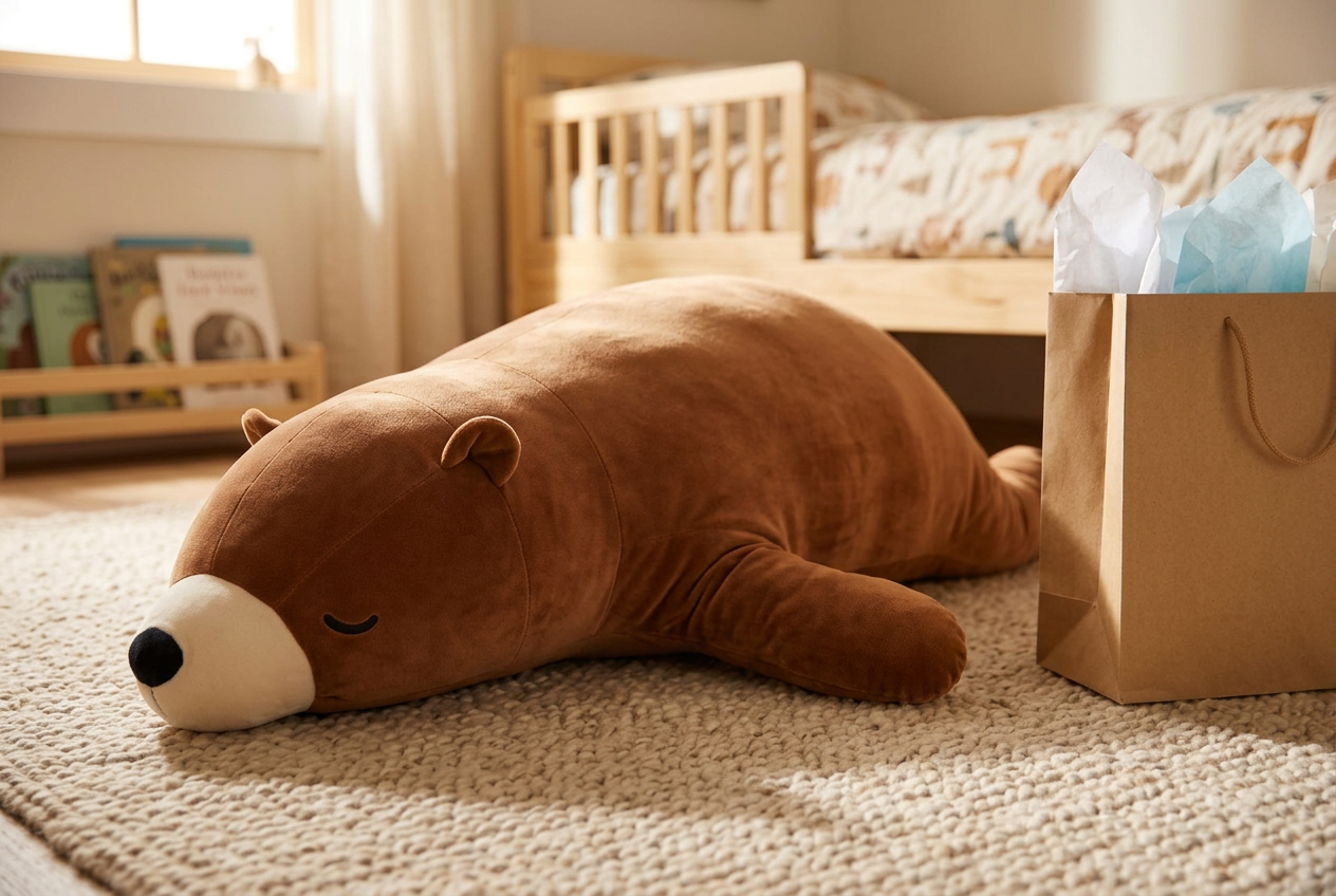 Giant brown sleepy bear plush lying on a rug in a child's bedroom with a plain gift bag beside it