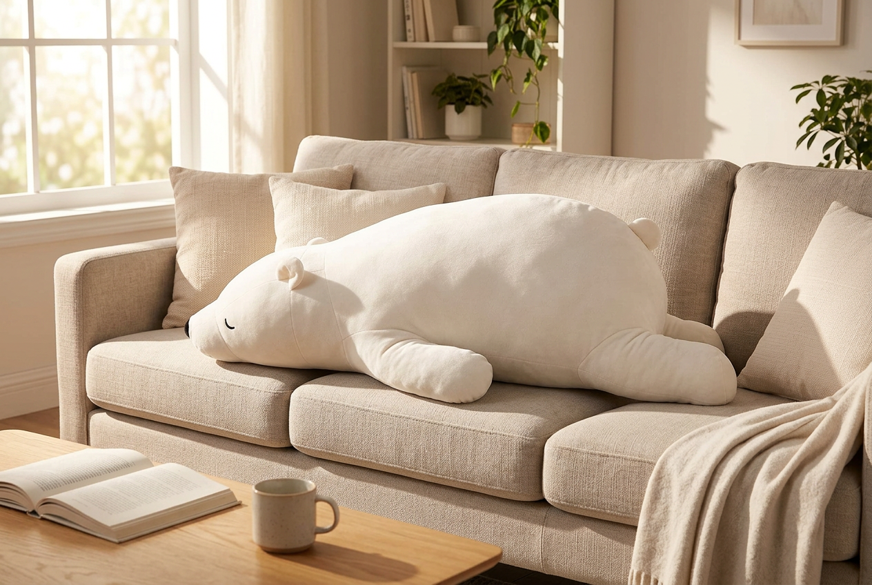 Giant white sleepy bear plush flopped along a sofa as a body pillow in a cosy living room