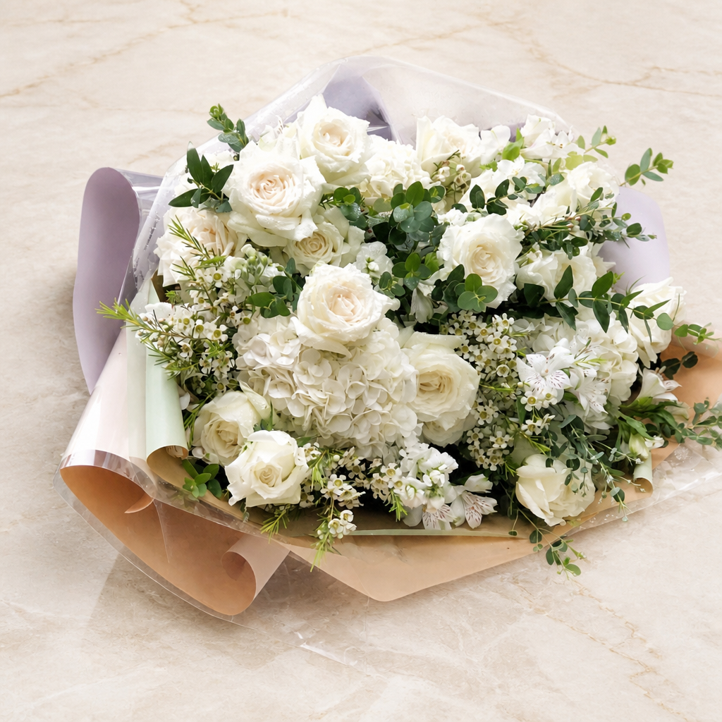 Snowy Romance Bouquet marble surface