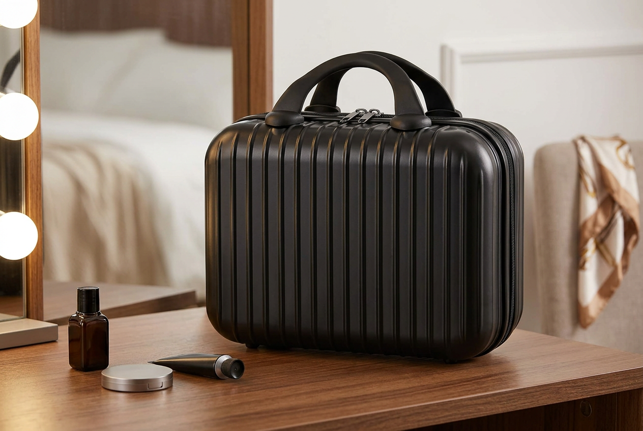 Black 14-inch cabin case on a dressing table as a makeup case
