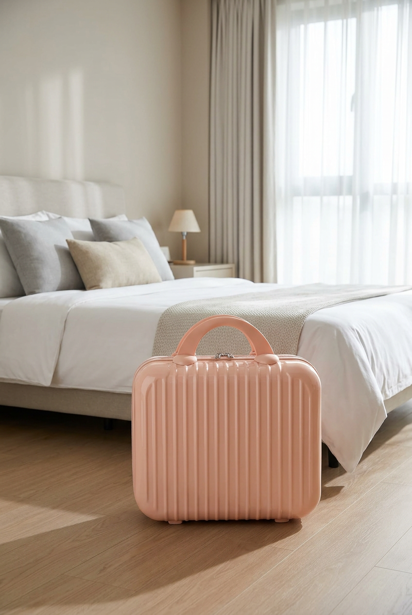 Pink 14-inch cabin suitcase beside a bed in a bright hotel room