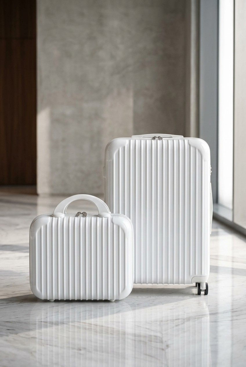 Small white 14-inch cabin case beside a full-size cabin suitcase