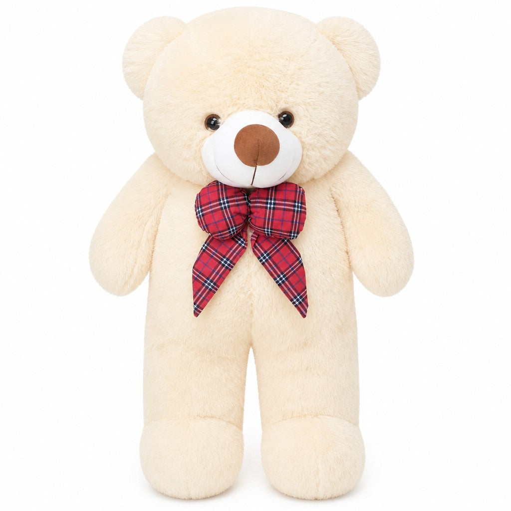 Giant Tartan Bow Teddy Bear — Cream