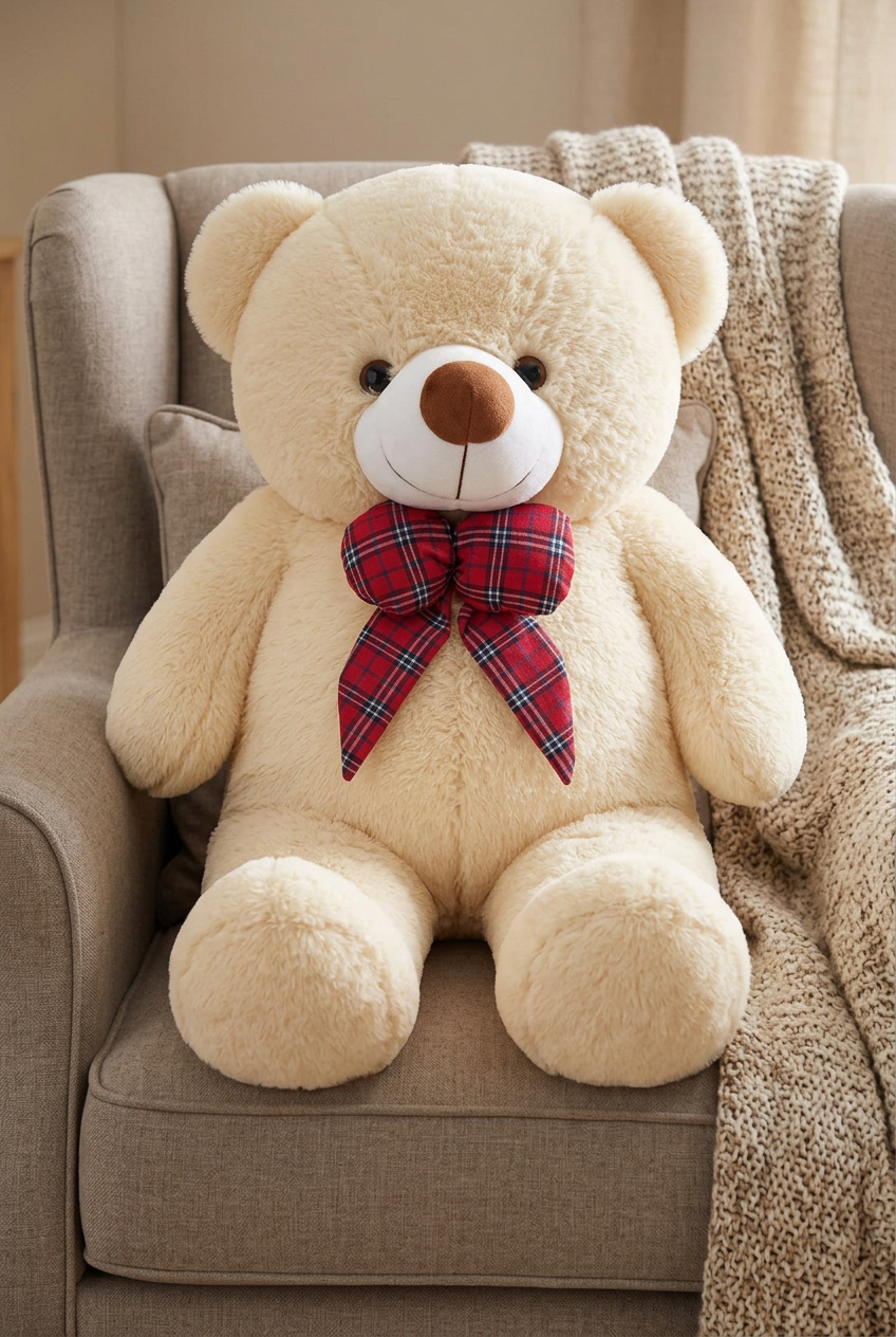 Cream tartan bow teddy bear seated on an armchair with a knitted throw
