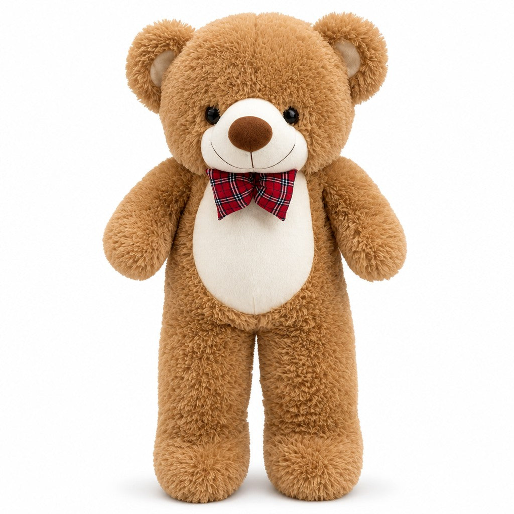 Giant Tartan Bow Teddy Bear — Light Brown