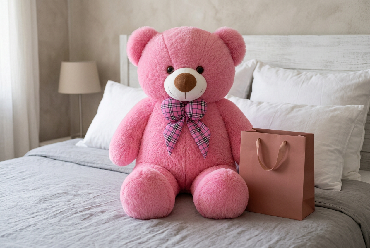 Pink tartan bow teddy bear seated on a bed beside a plain gift bag as a birthday gift
