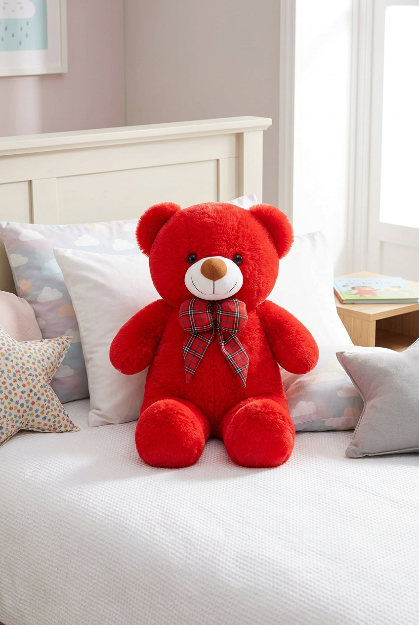 Red tartan bow teddy bear seated on a child's bed among pillows