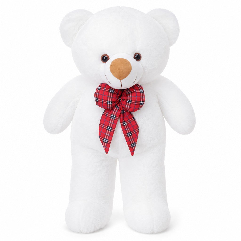 Giant Tartan Bow Teddy Bear — White