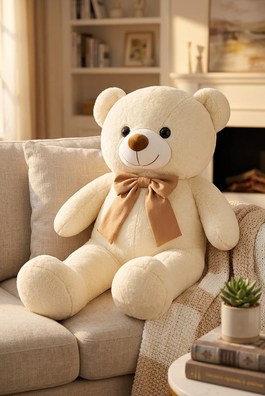 Cream giant teddy bear seated on a sofa with a knitted throw