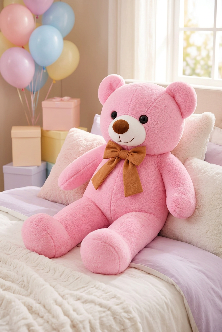 Pink giant teddy bear seated on a bed leaning against pillows