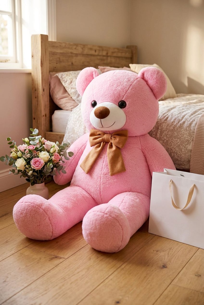 Pink giant teddy bear seated on the floor leaning against a bed with flowers and a gift bag