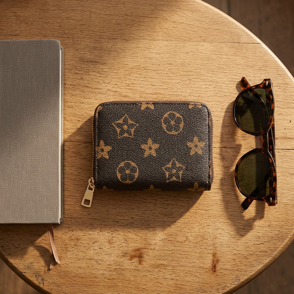 Brown Compact Short Wallet on a café table beside sunglasses and a notebook