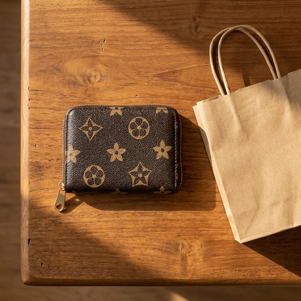 Brown Compact Short Wallet as a gift on a dresser beside a gift bag