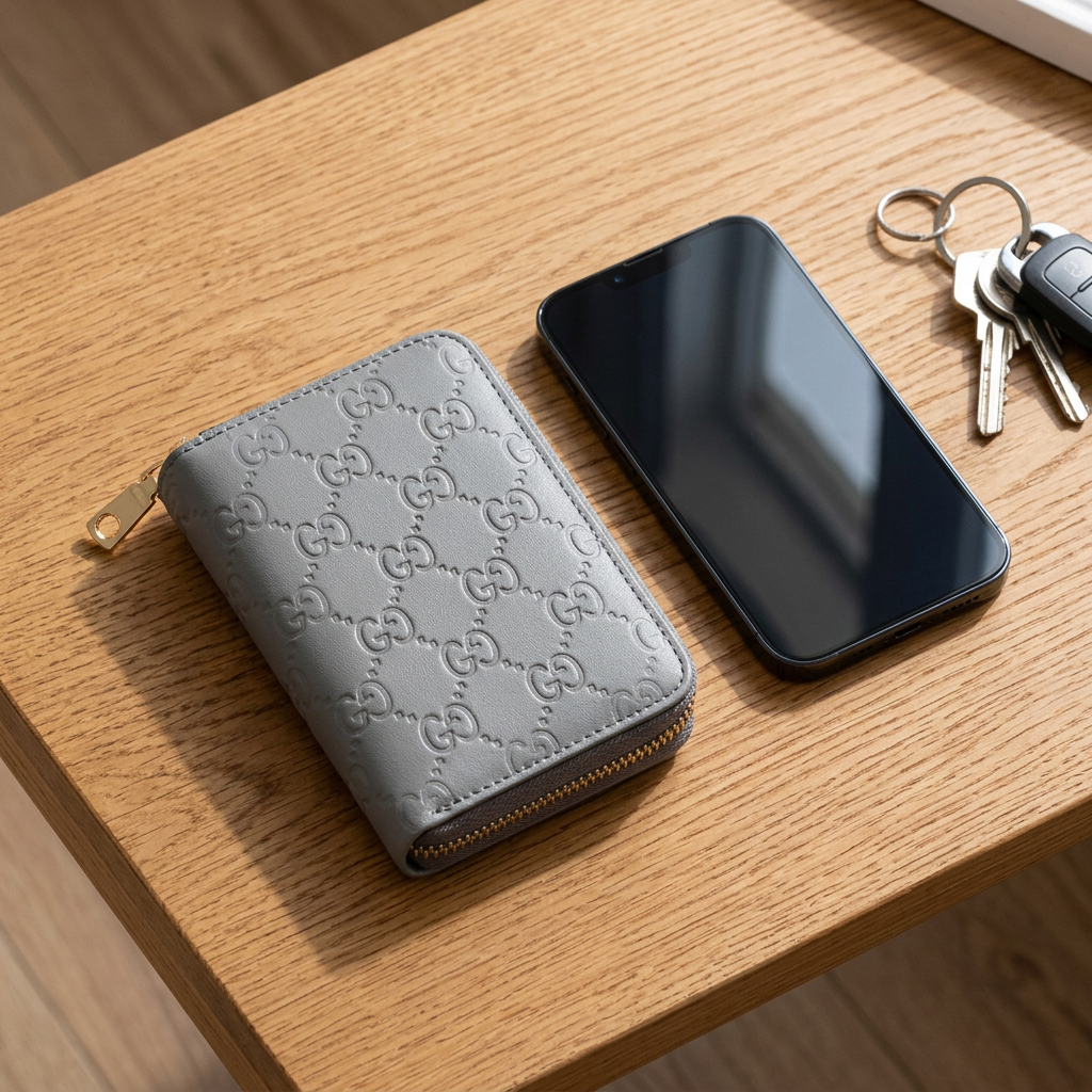 Grey Compact Short Wallet on a wooden desk beside a smartphone and keys