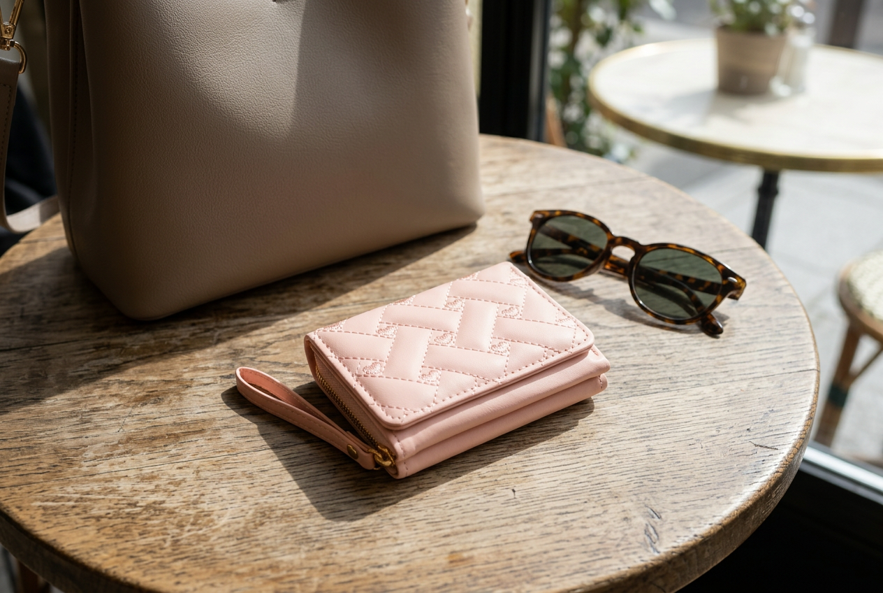 Pink embroidered heart coin purse lying flat on a café table beside a larger plain handbag and sunglasses in daylight