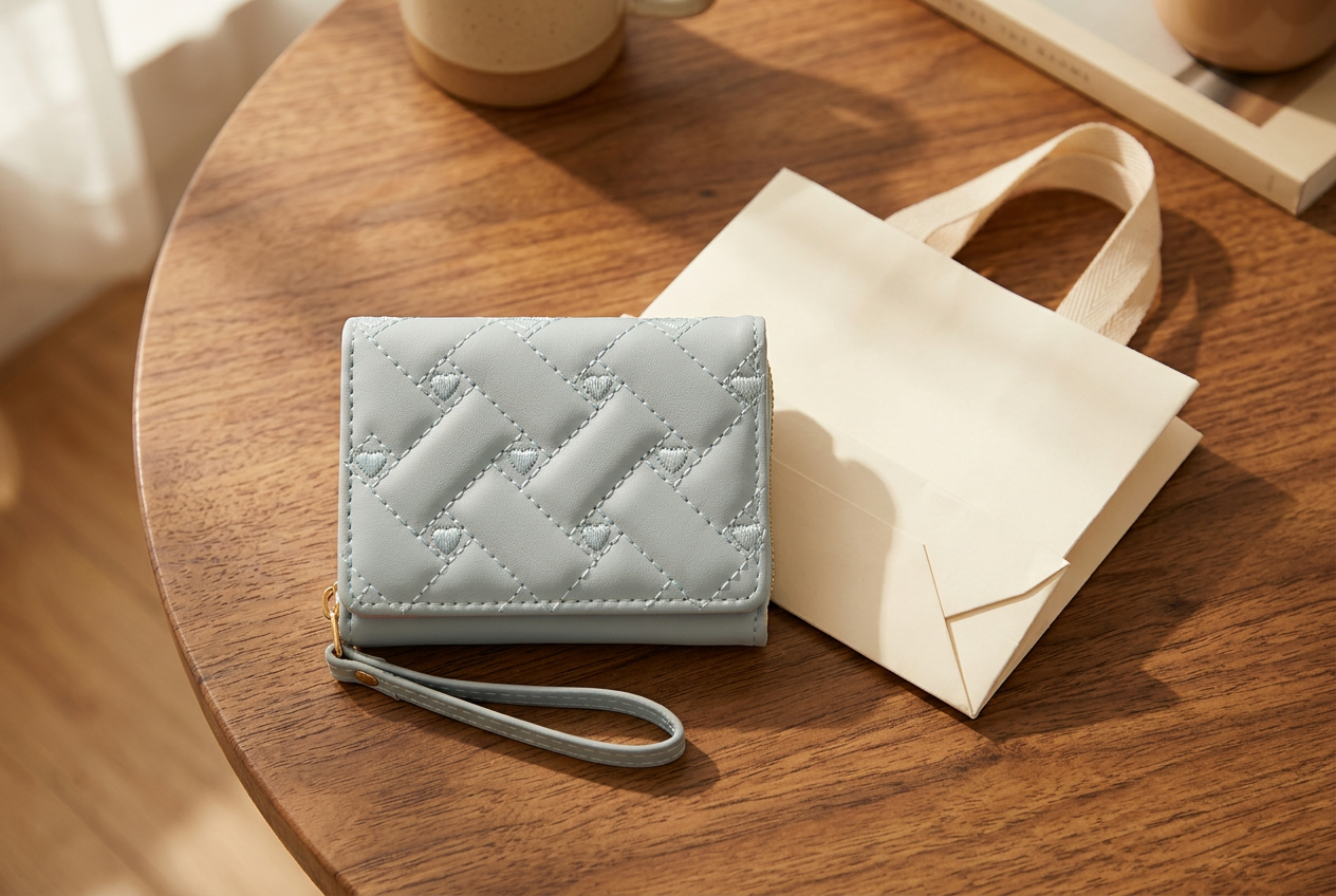 Blue embroidered heart coin purse lying flat on a coffee table beside a plain gift bag in warm afternoon light