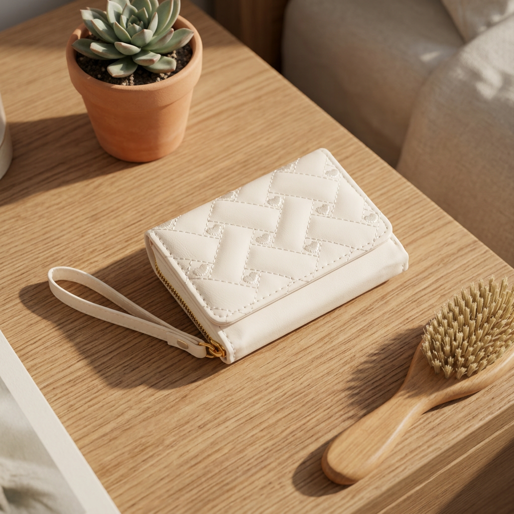 White embroidered heart coin purse lying flat on a bedroom dresser beside a small plant and a hairbrush in morning light