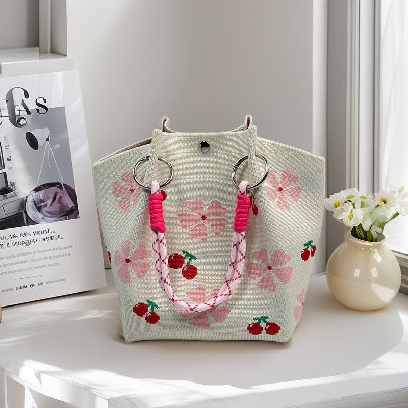 Knitted Top-Handle Handbag — Cherry Blossom
