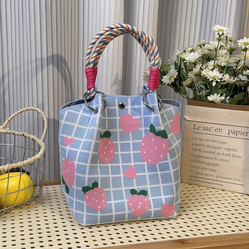 Knitted Top-Handle Handbag — Strawberry Check