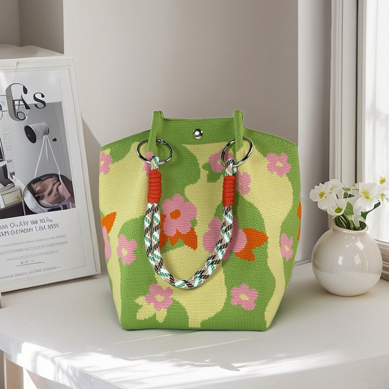 Knitted Top-Handle Handbag — Green Floral