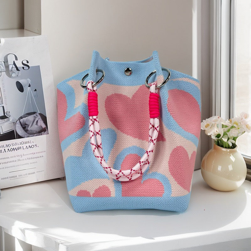 Knitted Top-Handle Handbag — Pink Blue Hearts