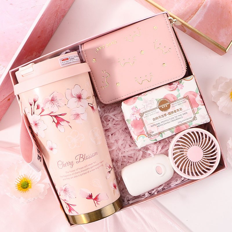 Thermos Cup Gift Set — Sakura Cat Wallet Set