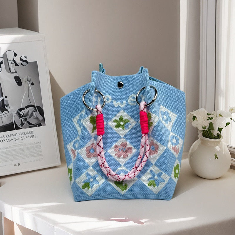 Knitted Top-Handle Handbag — Blue Diamond Flower