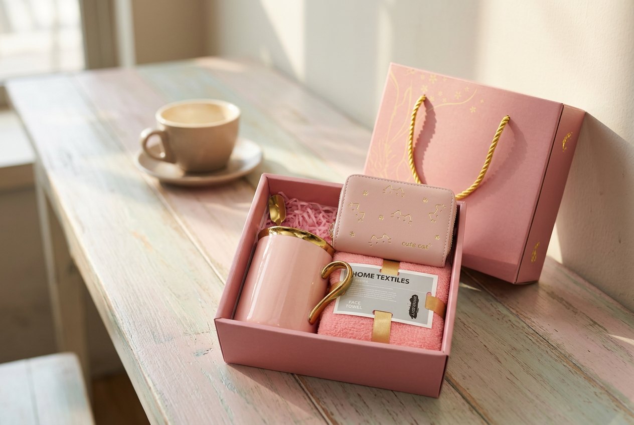 Cute Coffee Cup Gift Box Set with gold-handle mug, cat wallet and towel on a pastel café table