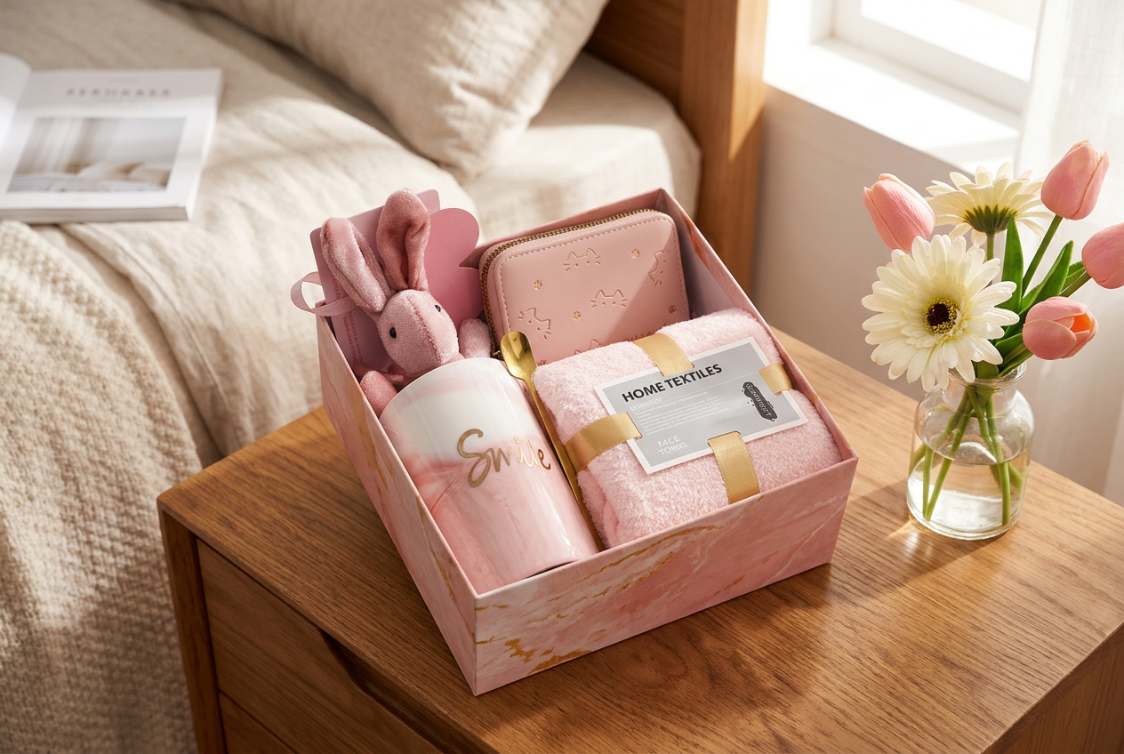 Cute Coffee Cup Gift Box Set with Smile mug, cat wallet, bunny and towel on a bedside table in a cosy bedroom