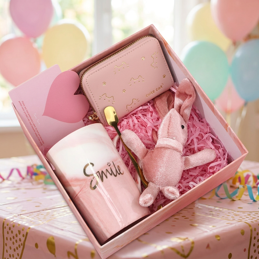 Cute Coffee Cup Gift Box Set with Smile mug, cat wallet and bunny on a birthday table